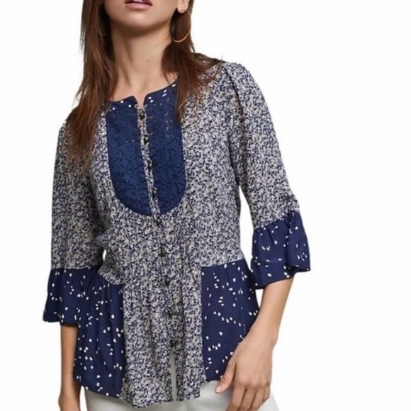Maeve Tops - (Sold)ANTHROPOLOGIE MAEVE Hiver  Peasant Blue Blouse Lace Detail  Size 2